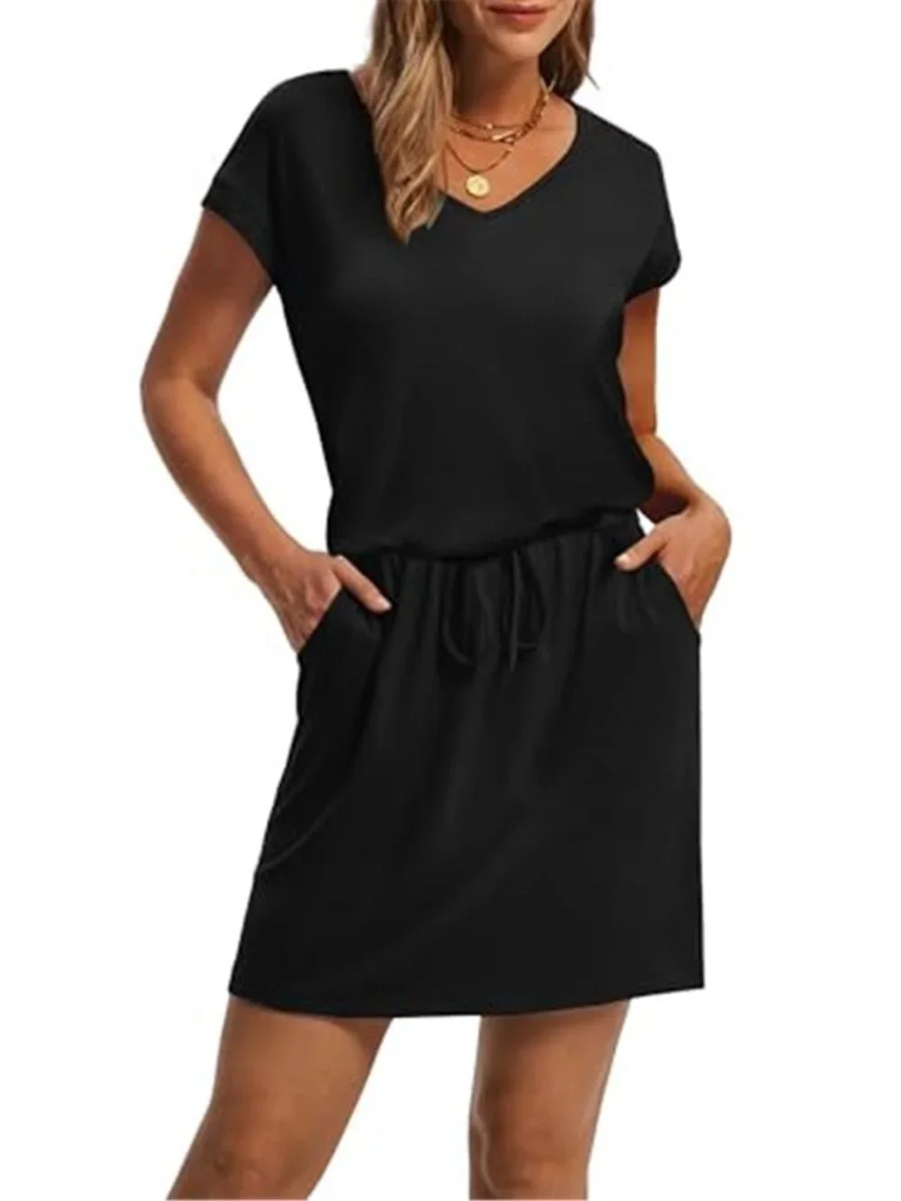 Womens V Neck Stripe T Shirt Dress Tie Waist Pocket Casual Summer Mini Dress